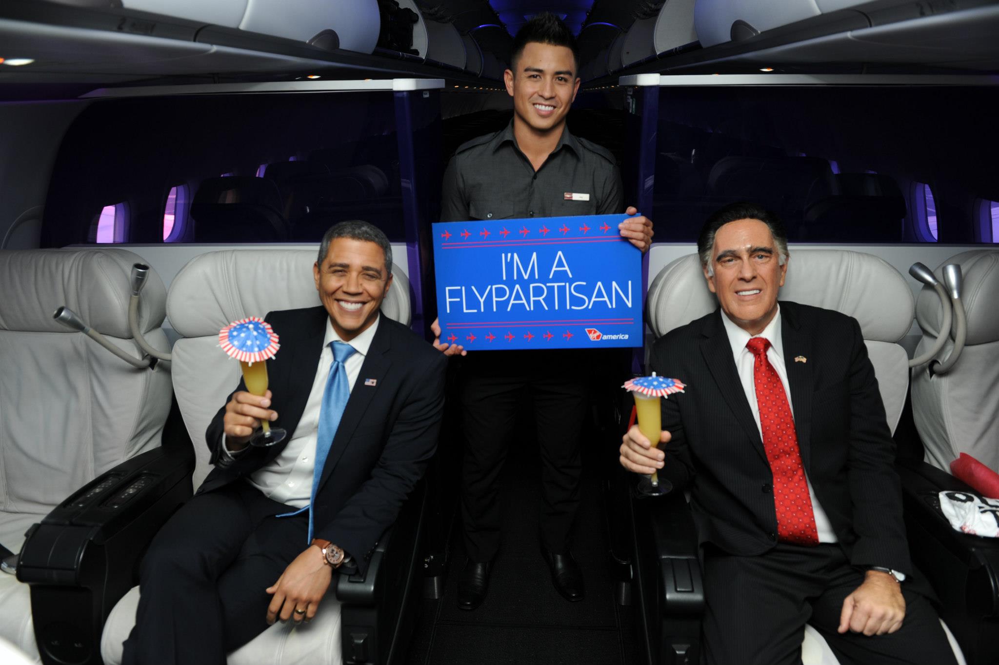 Obama and Romney impersonators rock the vote onboard Virgin America