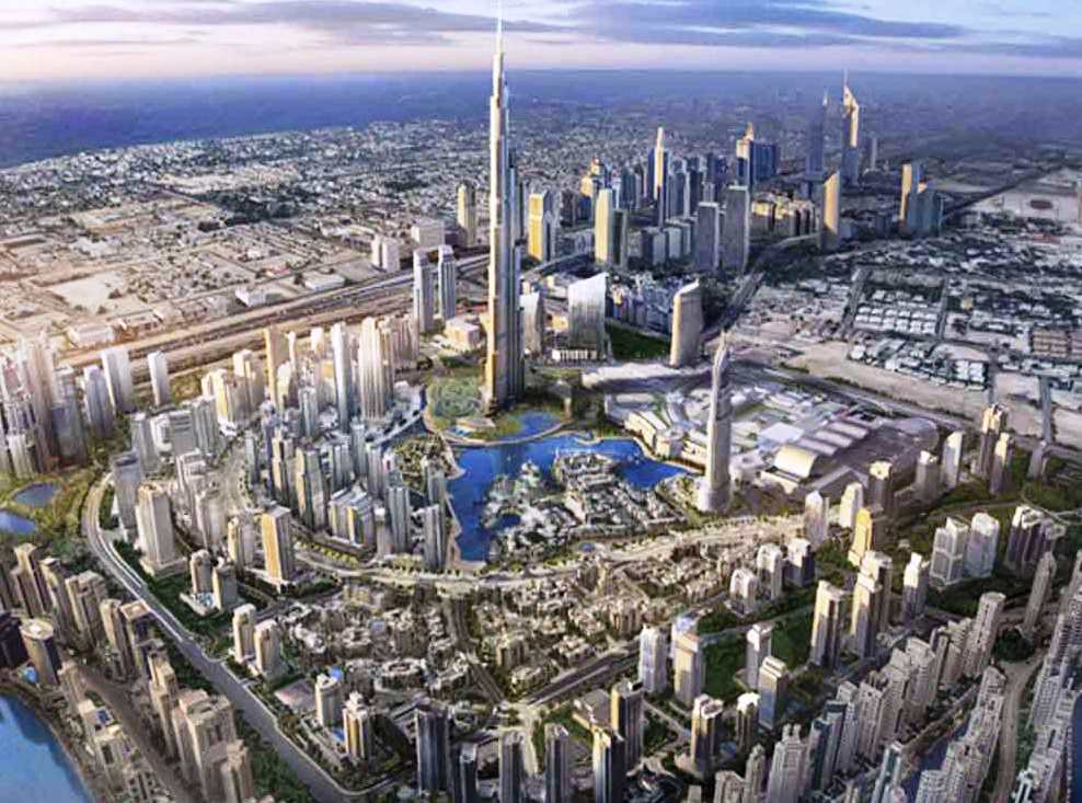 Aerial view of Dubai with 160 story Burj Khalifa world’s tallest building